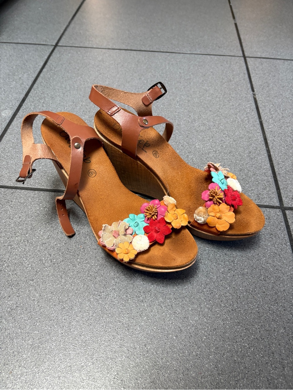 Women's Brown Wedge Sandals with Colorful Flower Accents